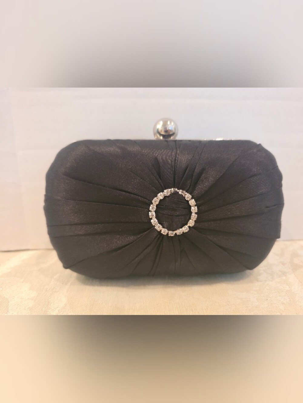 Jessica Mcclintock Black Satin Evening Bag w/ Rhinestone Accent & Silver Chain